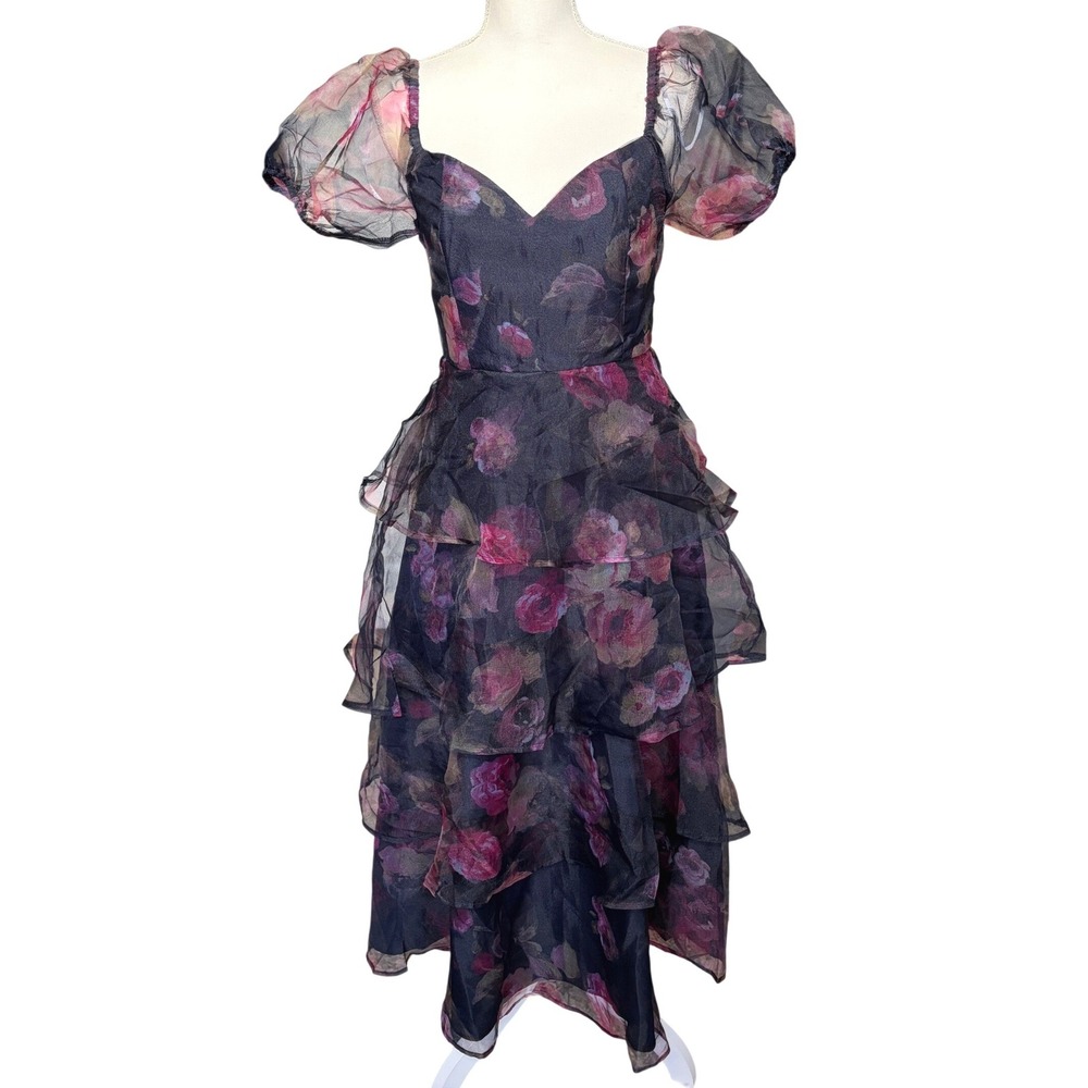 Lulus Floral Organza Tiered Midi Dress Puff Sleeve Wedding Guest Navy Pink M NWT - Picture 2 of 7